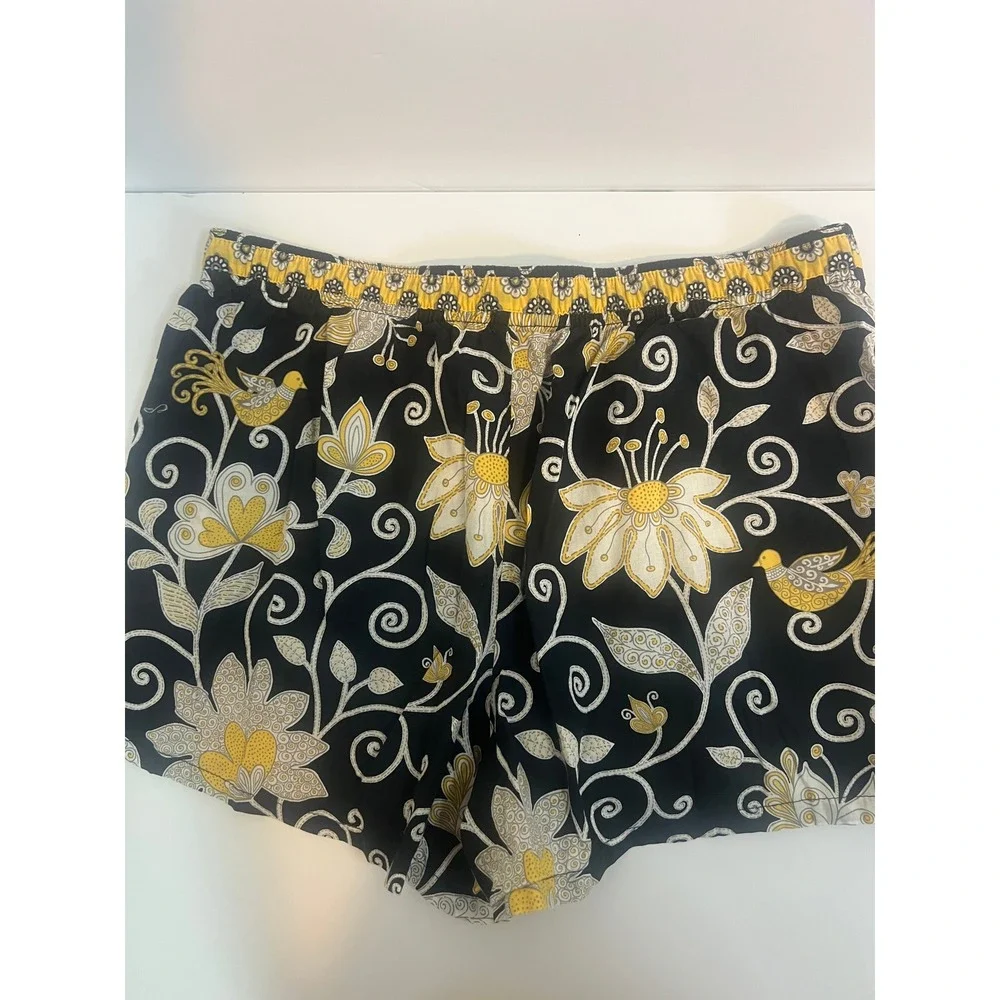 Vera Bradley Womens Pajama Shorts Medium Black Yellow Floral Bird 100% Cotton